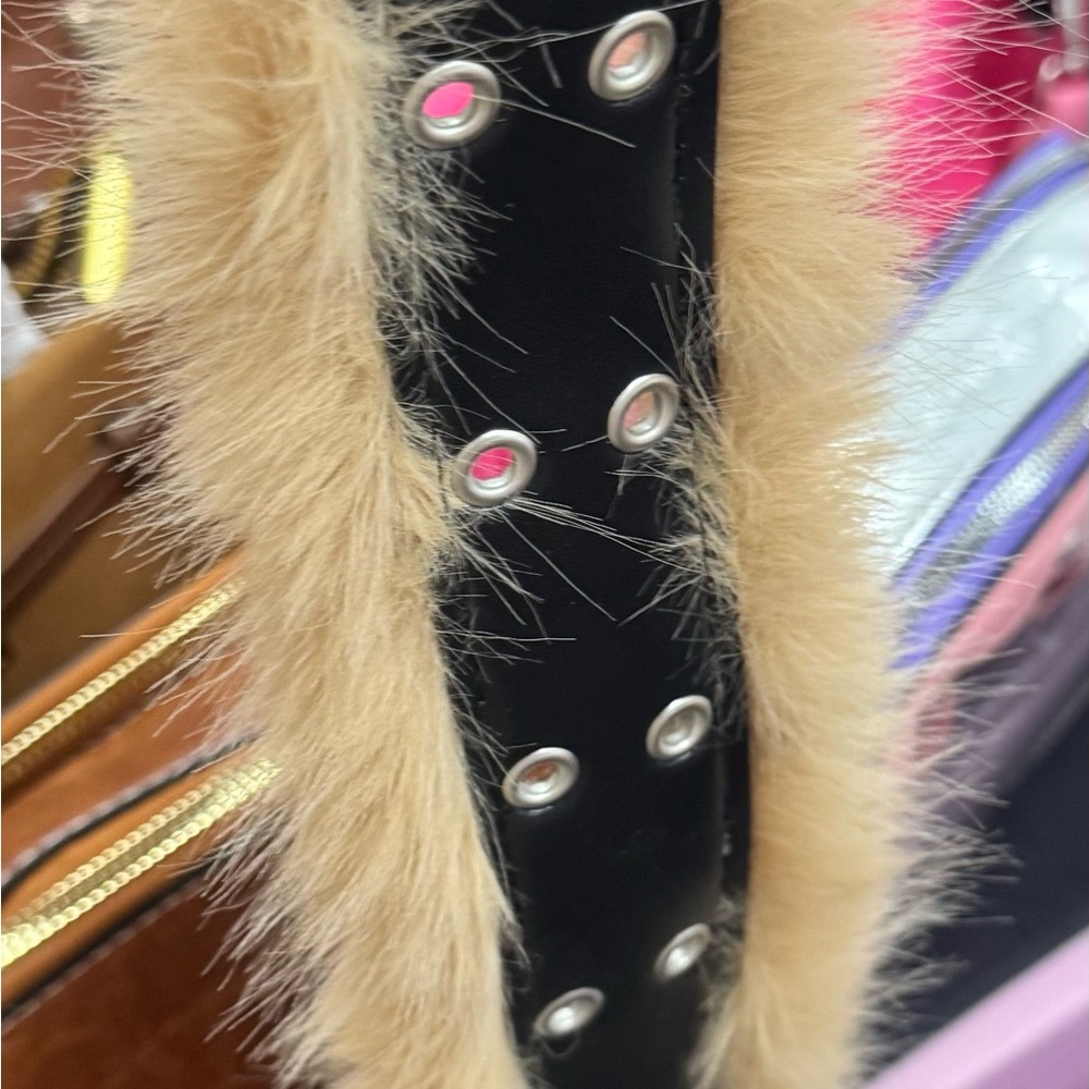 Faux Fur Trimmed Black Strap with Silver Grommets medium in size